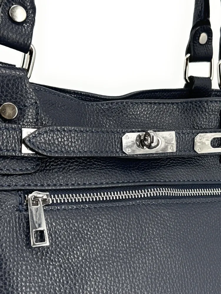 Sac cabas en cuir grainé JANET SILVER Bleu marine