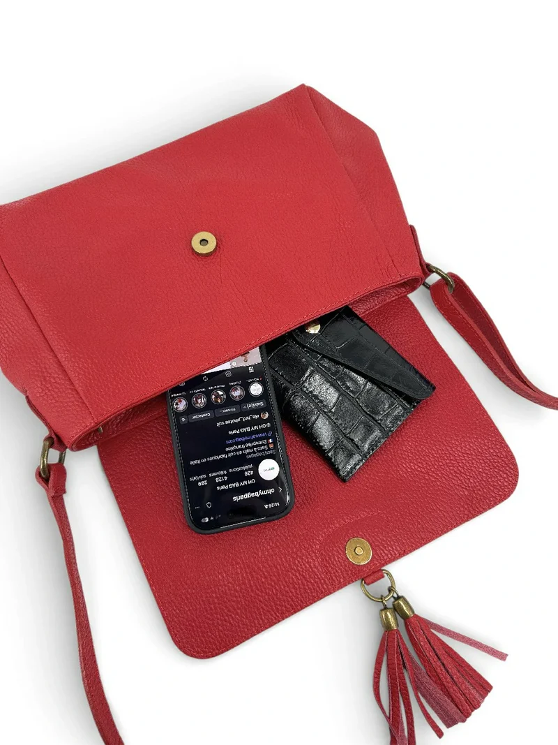 Sac bandoulière en cuir grainé SAIGON Rouge garance