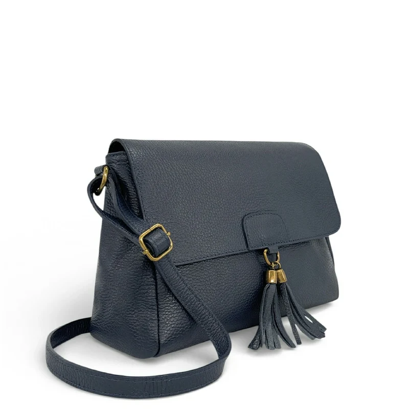 Sac bandoulière en cuir grainé SAIGON Bleu marine