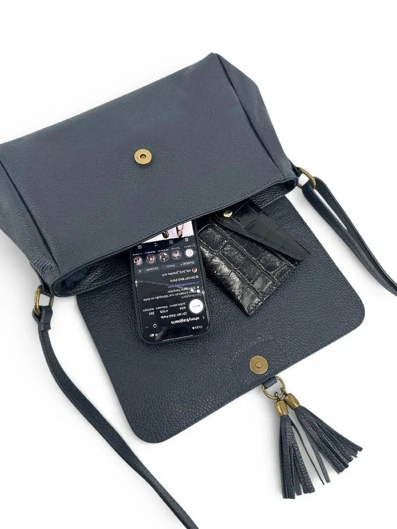 Sac bandoulière en cuir grainé SAIGON Bleu marine