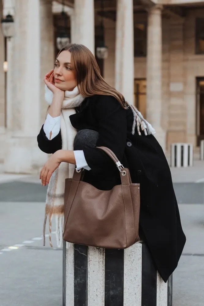 Grand sac en cuir grainé PARIS Taupe foncé