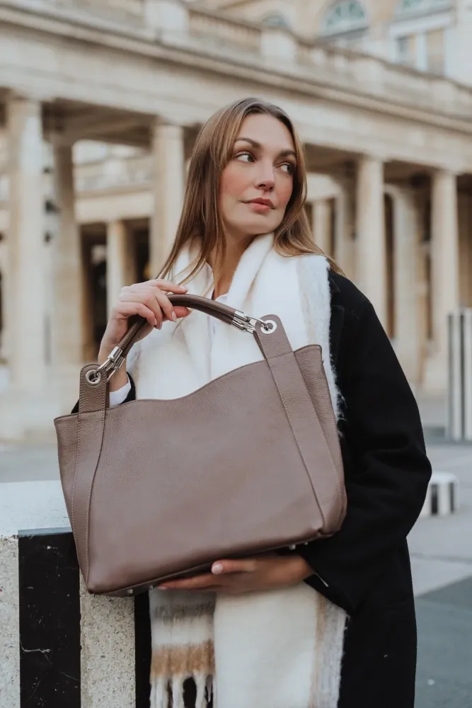 Grand sac en cuir grainé PARIS Taupe foncé