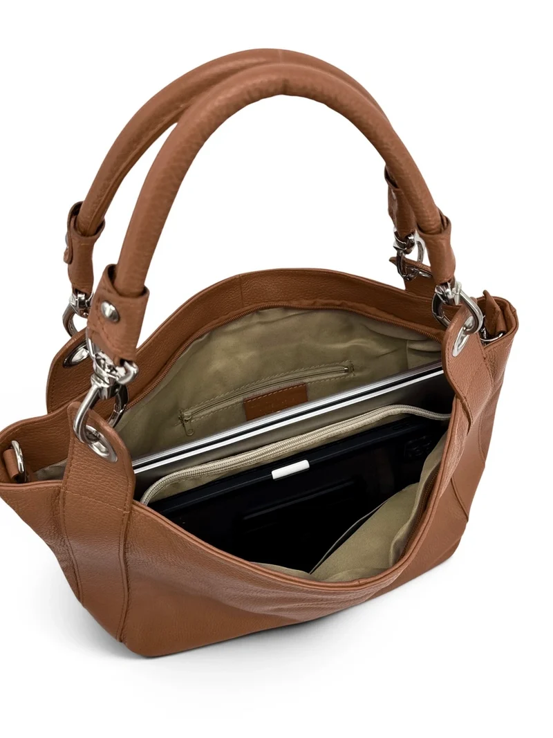Grand sac en cuir grainé PARIS Marron cognac foncé