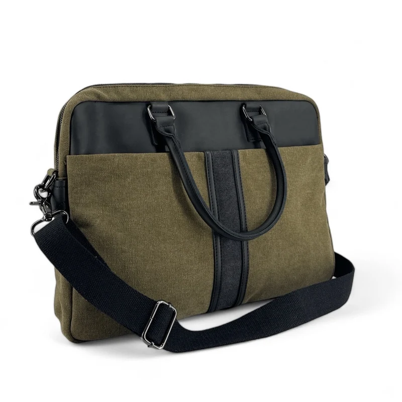 Sacoche ordinateur en toile et cuir TAIPEI Vert olive