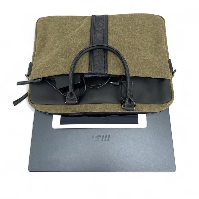 Sacoche ordinateur en toile et cuir TAIPEI Vert olive