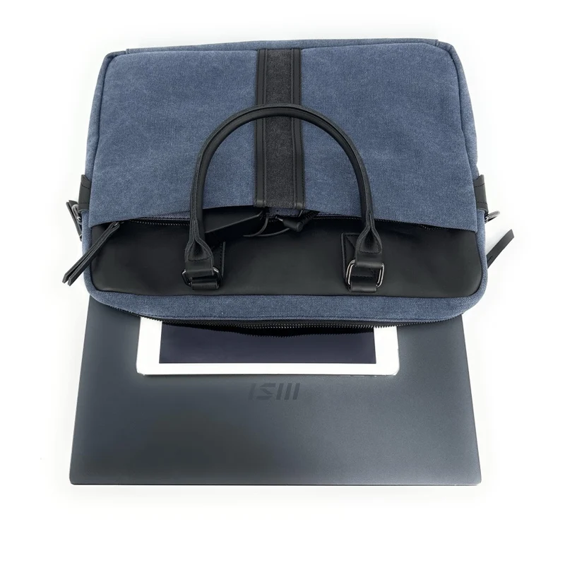 Sacoche ordinateur en toile et cuir TAIPEI Bleu denim