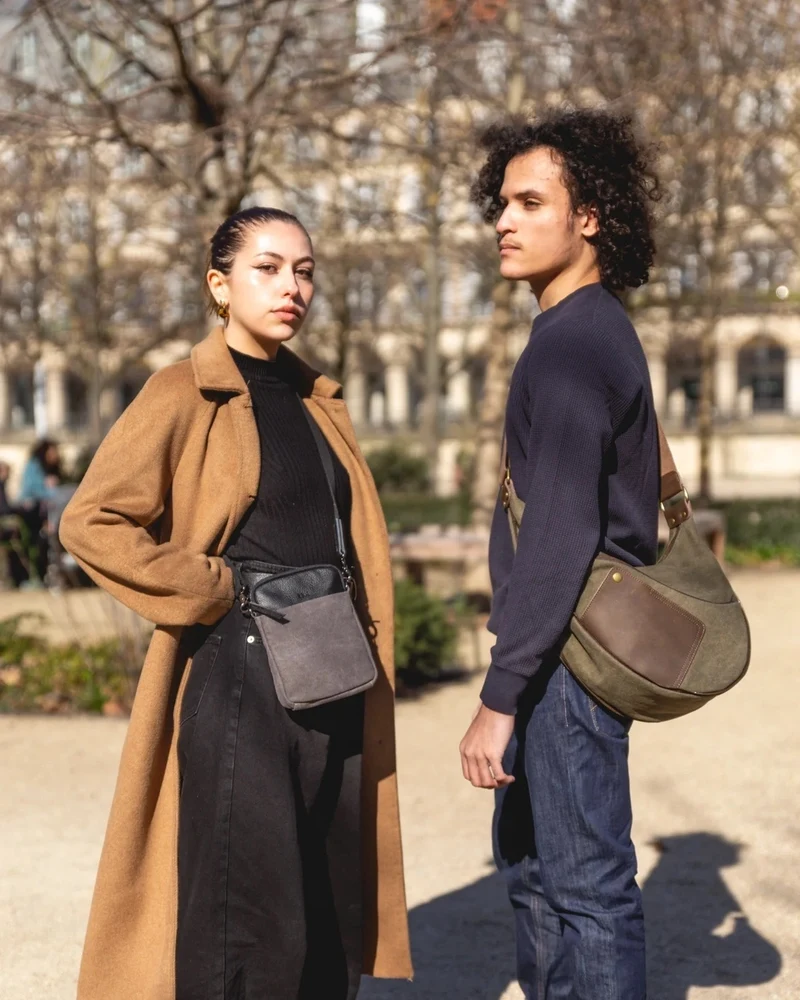 Sac besace holster en cuir italien et toile ANVERS Vert olive