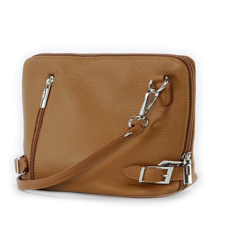 Mini sac à bandoulière en cuir grainé italien MIA Marron camel foncé