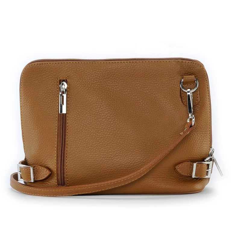Mini sac à bandoulière en cuir grainé italien MIA Marron camel foncé