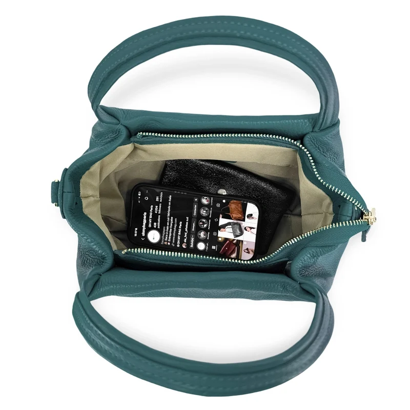 Sac à main en cuir grainé BUBBLE Bleu vert canard