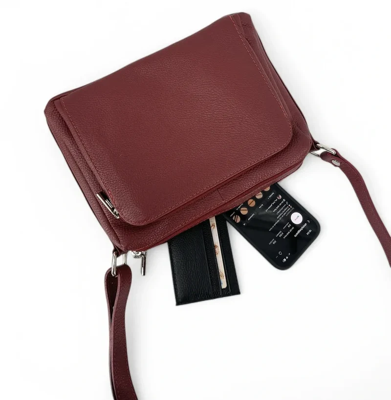 Sac trotteur à bandoulière en cuir grainé MANHATTAN Bordeaux
