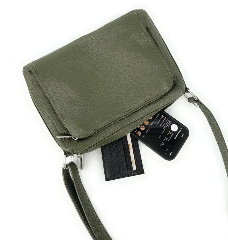 Sac trotteur à bandoulière en cuir grainé MANHATTAN Vert kaki