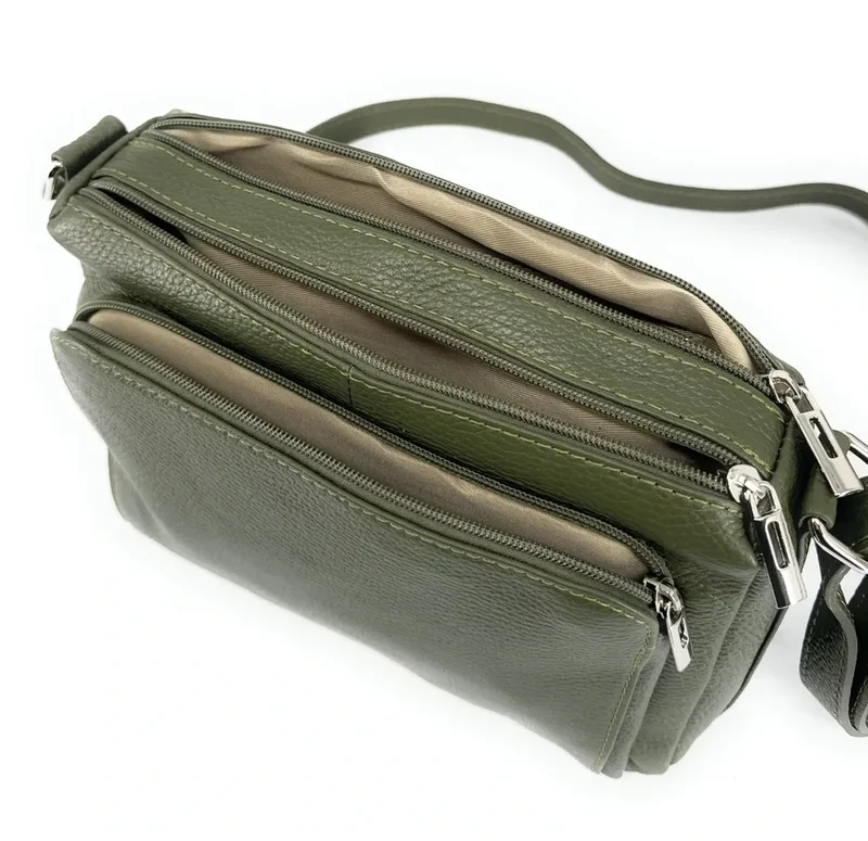 Sac trotteur à bandoulière en cuir grainé MANHATTAN Vert kaki