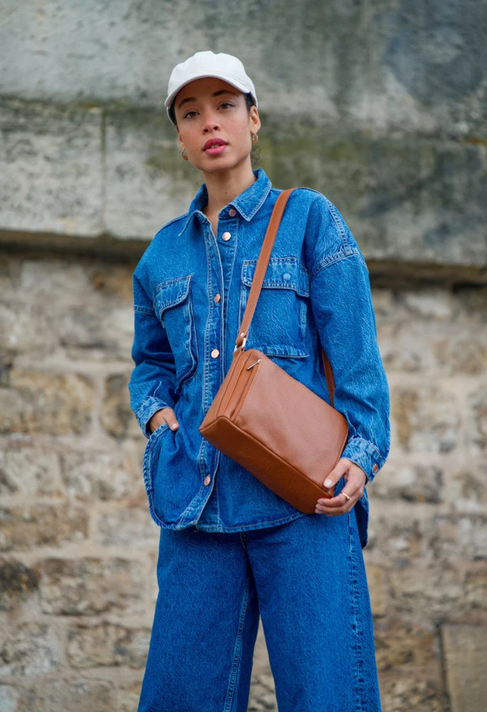 Sac trotteur à bandoulière en cuir grainé MANHATTAN Marron camel foncé