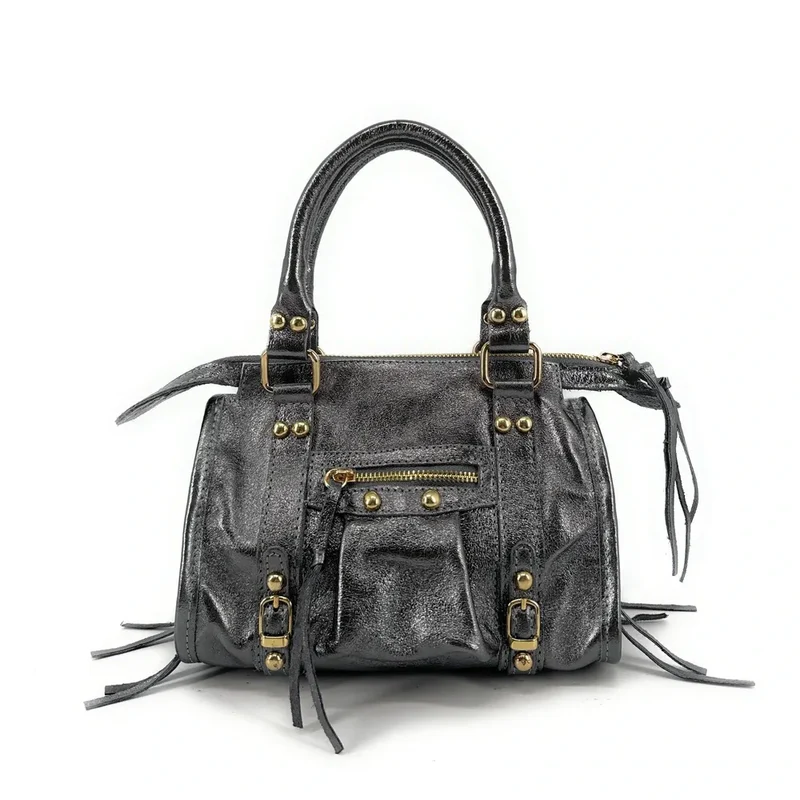 Mini-sac bowling en cuir irisé SANDSTORM NANO Argent foncé
