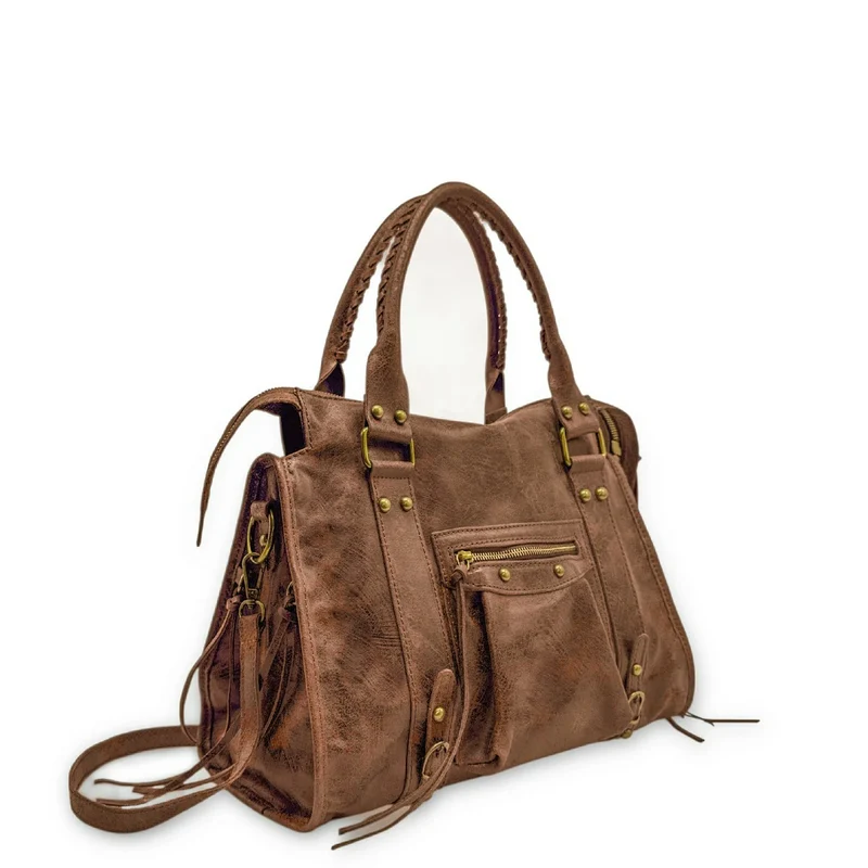 Sac à main en cuir brossé SANDSTORM Marron Camel foncé