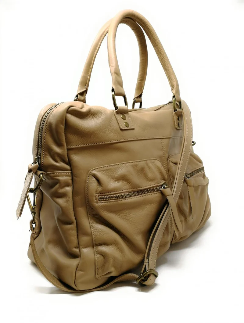 Sac à main en cuir lisse OMB MOSCOU Taupe clair