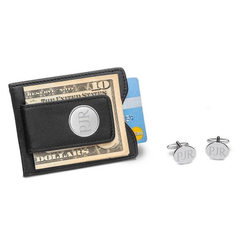 Black Leather Wallet and Modern Oval Cufflinks Personalized Set
