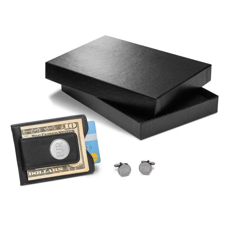 Black Leather Wallet and Gunmetal Round Cufflinks Personalized Set
