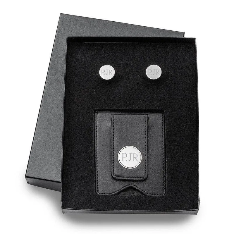 Black Leather Wallet and Classic Round Cufflinks Personalized Gift Set