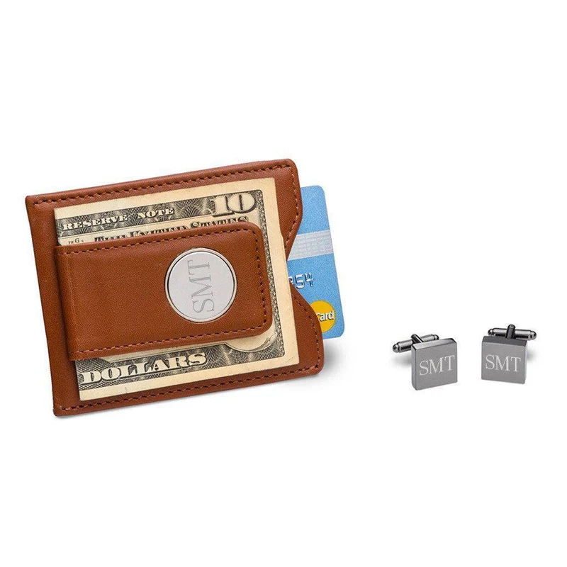 Brown Leather Wallet and Gunmetal Square Cufflinks Personalized Set