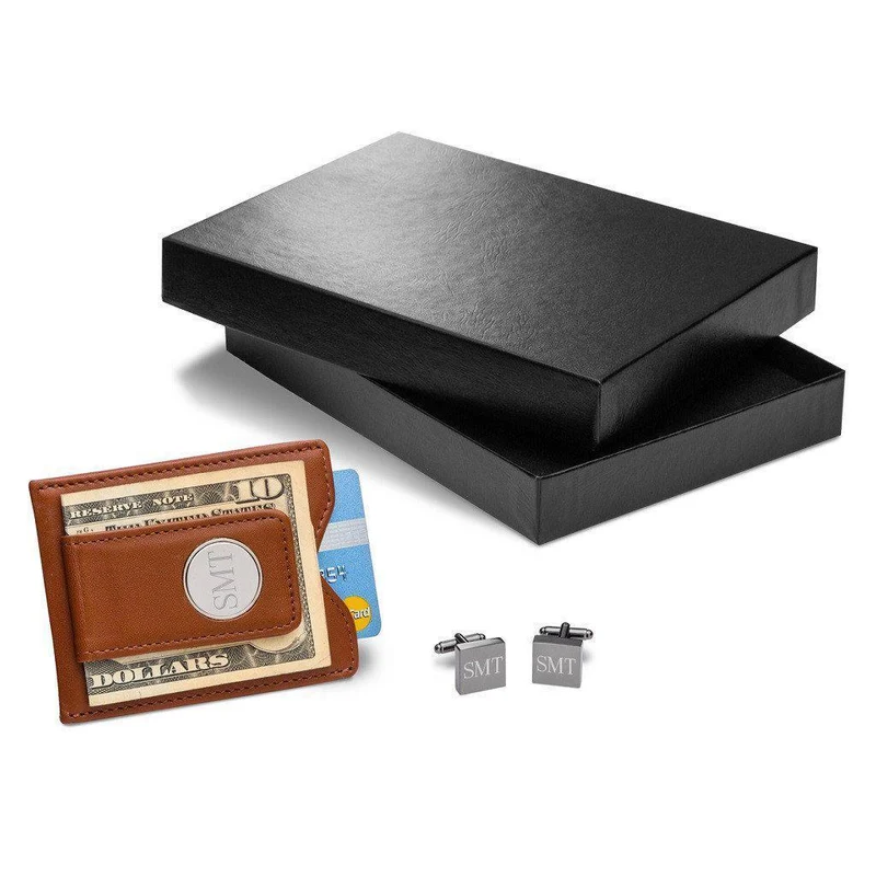 Brown Leather Wallet and Gunmetal Square Cufflinks Personalized Set
