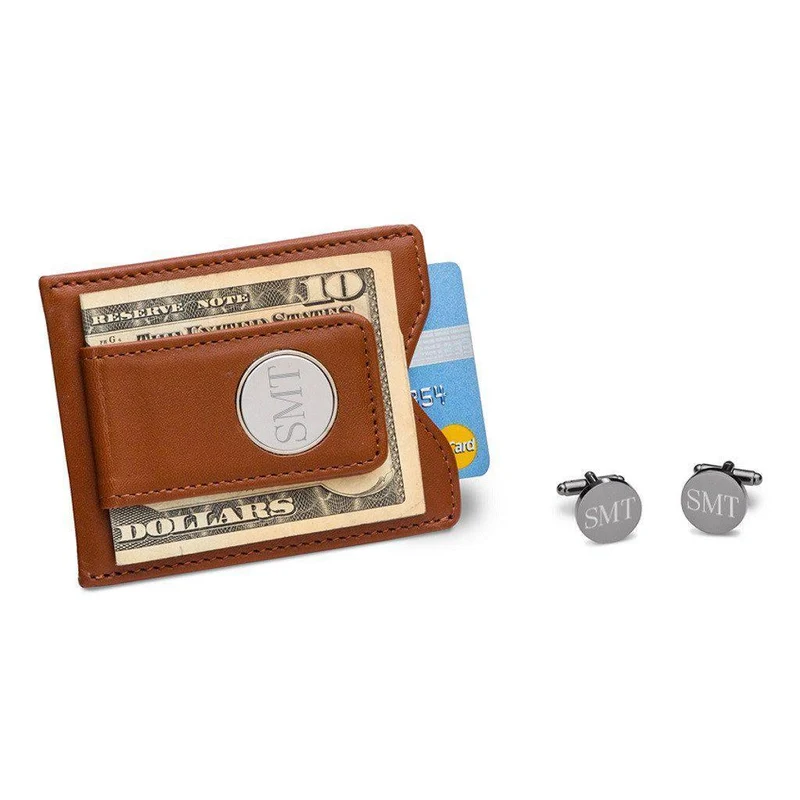 Brown Leather Wallet and Gunmetal Round Cufflinks Personalized Set