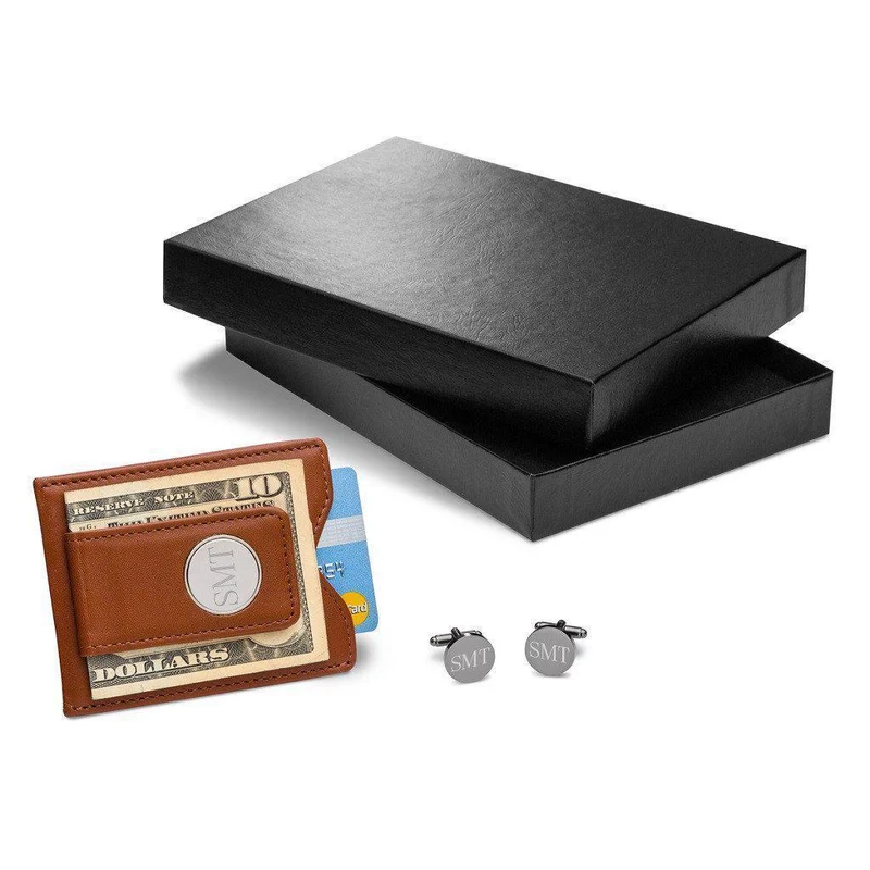 Brown Leather Wallet and Gunmetal Round Cufflinks Personalized Set