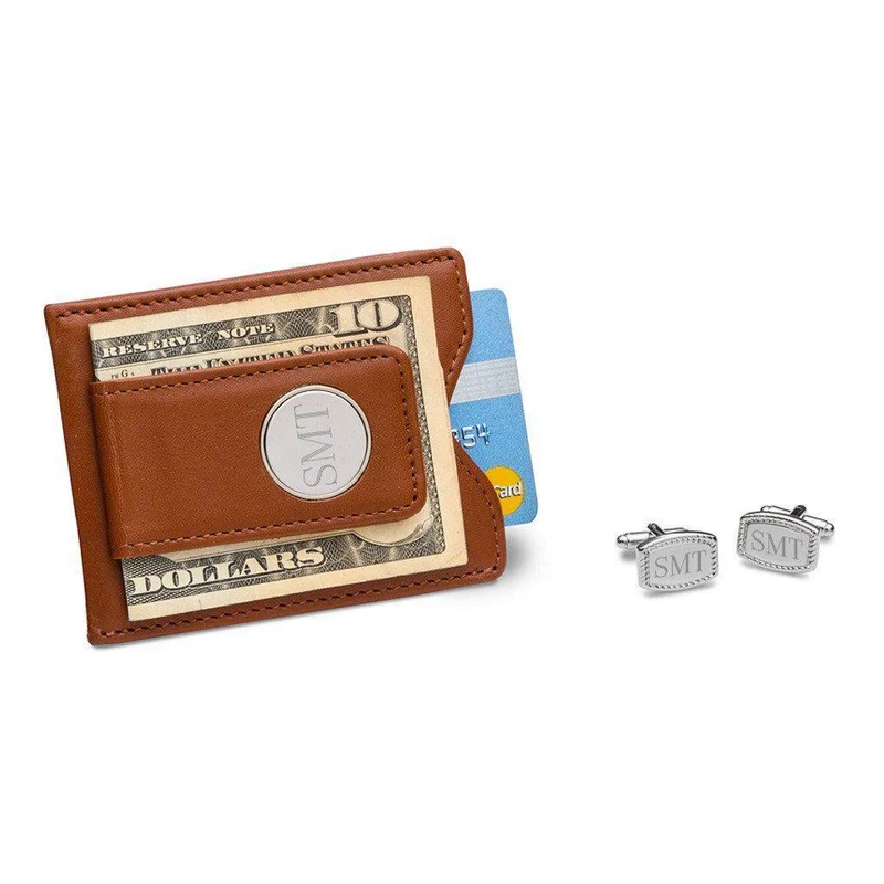 Brown Leather Wallet and Beaded Rectangular Cufflinks Personalized Set