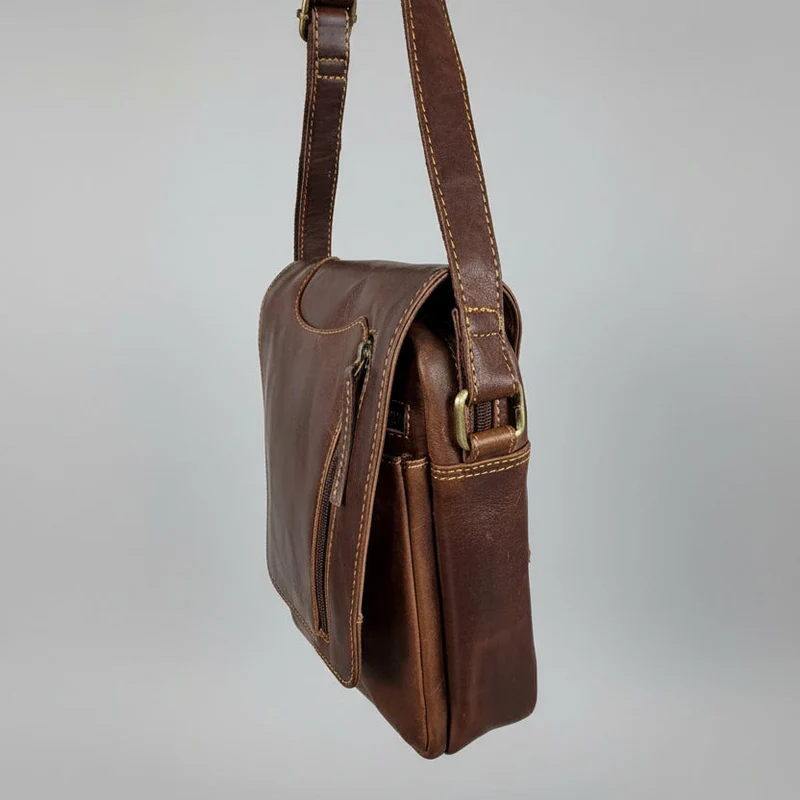 Premium Genuine Leather Messenger Bag. Distressed Brown Crossbody with Multiple Zippered Pockets