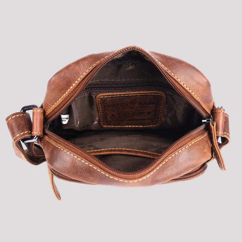 Greenwood Leather Mini-Messenger Bag. Premium Compact Crossbody Travel Organizer