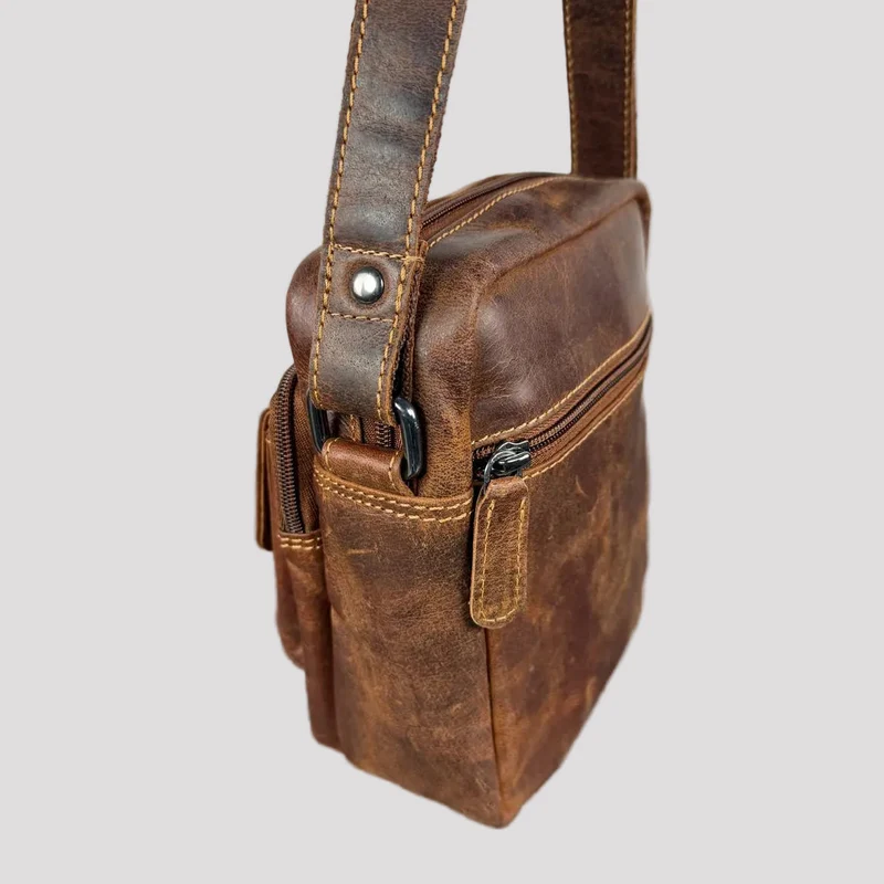 Greenwood Leather Mini-Messenger Bag. Premium Compact Crossbody Travel Organizer
