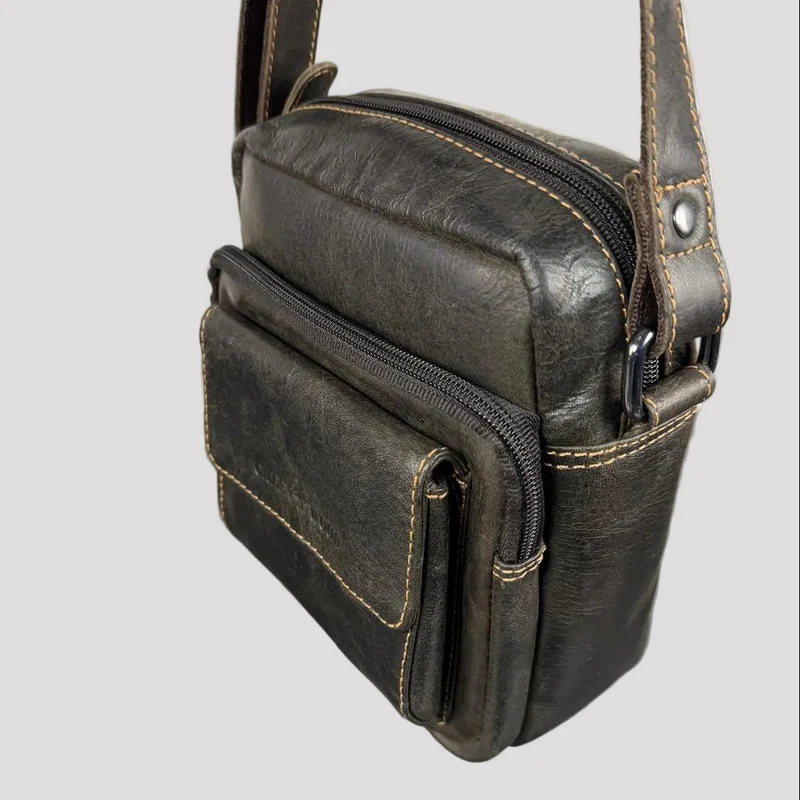 Greenwood Leather Mini-Messenger Bag. Premium Compact Crossbody Travel Organizer